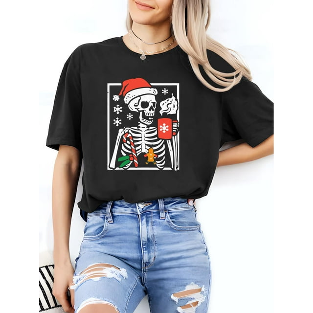 Women's Christmas Skeleton Hot Chocolate Graphic T-Shirt, Geometric Pattern Knit Fabric, All-Season Camisetas para mujer, lindas camisetas con estampado gráfico, de manga corta, estilo casual, para ve