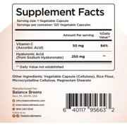 Pure Hyaluronic Acid Supplements 250mg with Vitamin C 50mg - 120 Vegan Capsules - Skin Hydration for Natural Glow - Pure Supplement w/Hair, Nails, Bone & Joint Health Formula