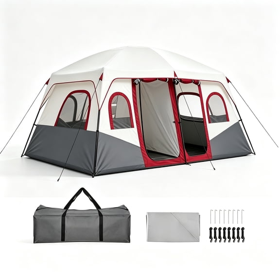 Family Camping Tent, 8-12 Person Waterproof Easy Setup Camping Tent, 2 Room Divider, 2 Doors, 6 Windows, Portable Pop Up Tents with Carry Bag for Outdoor Camping, Car Camping and Backyard