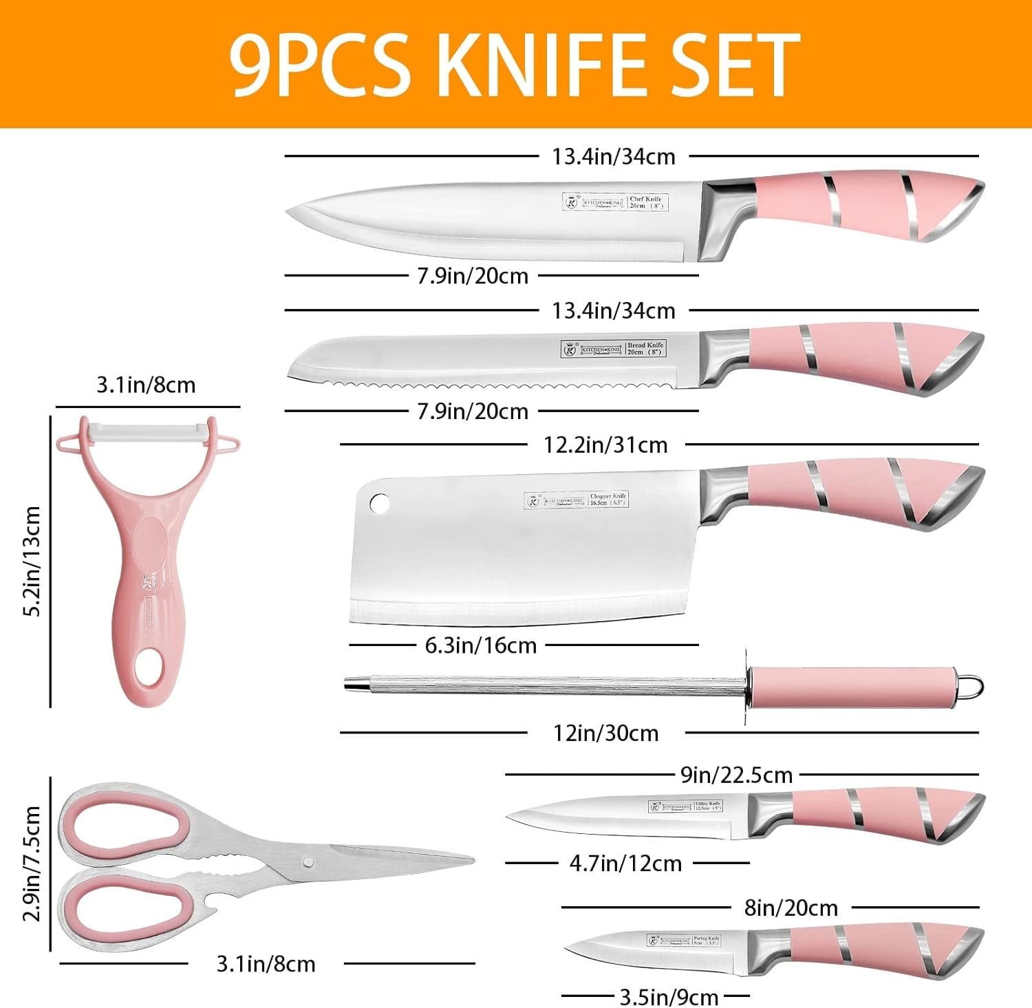 Kitchen Knife Set, 9-Pieces Pink Sharp Non-Stick Coated Chef Knives Block Set, Stainless Steel Knife Set for Kitchen with Sharpener for Cutting Slicing Dicing Chopping