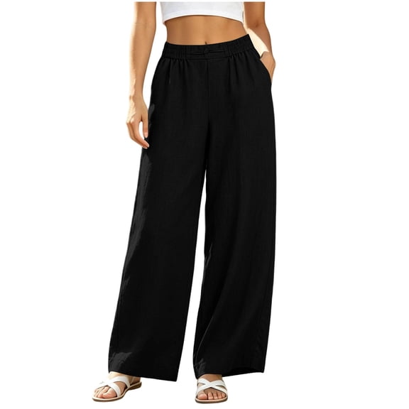 Ynynloco 100%Cotton Pants Women Wide Leg Palazzo Summer Flowy Pants Vacation Clothes Elastic Waist Travel Trousers with Pockets