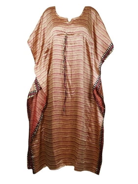 Mogul Women Pink,Peach Maxi Dress Kaftan Printed Beach Cover Up Loose Maternity Recycle Sari Resort Wear Caftan 2XL