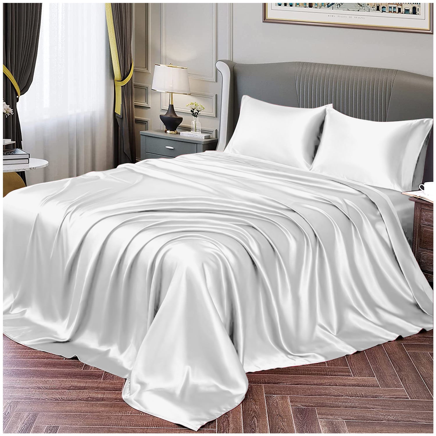 Comfortable Satin Silk Fitted Sheet Bed Flat Sheet Set Bedding Set Pillow Case 