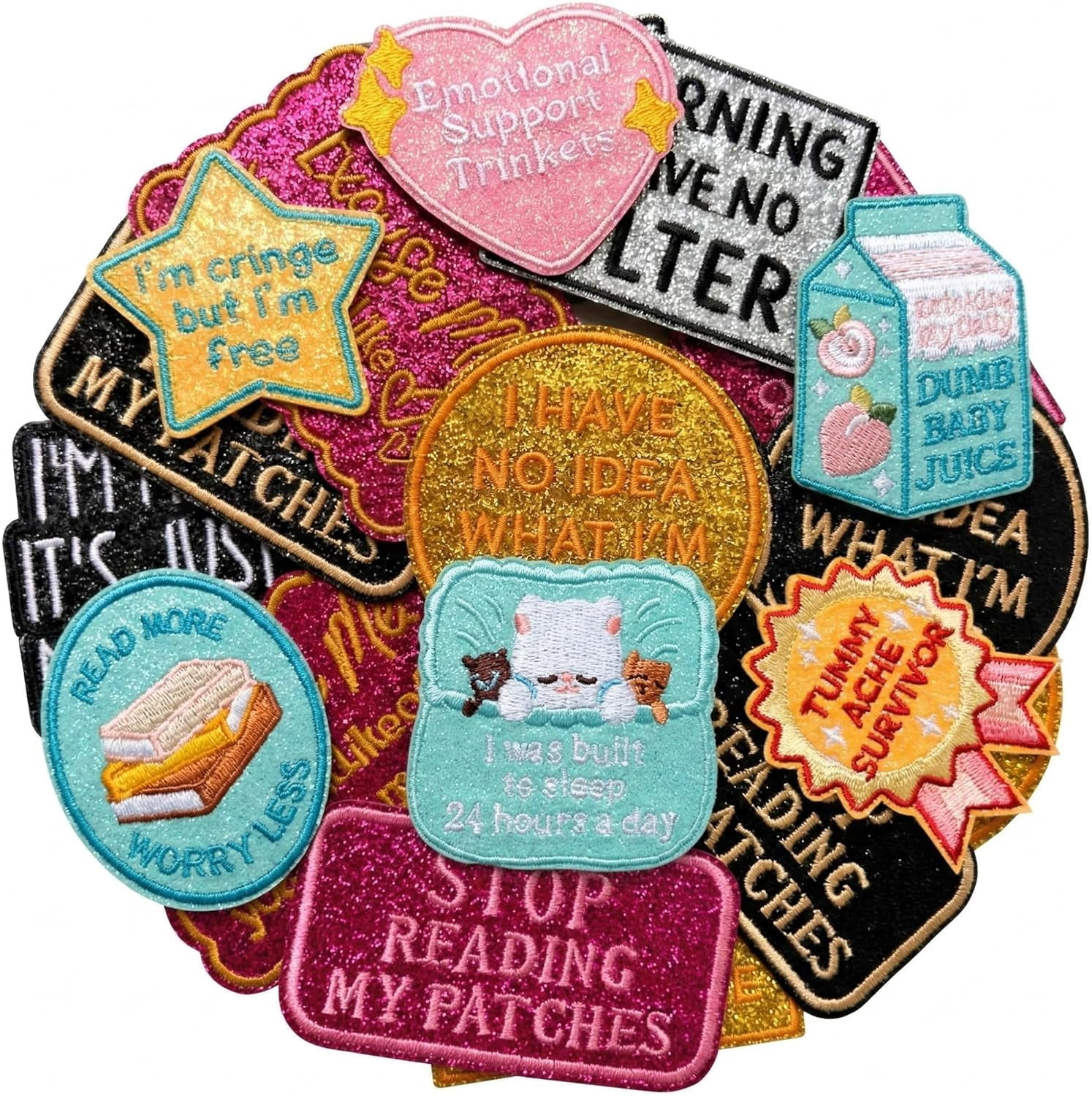 15PCS Glitter Phrase Iron on Patches, Funny Slogan Embroidered Colorful Shiny Heart Star Sew on Patch for Jackets Backpacks Clothing DIY Accessories