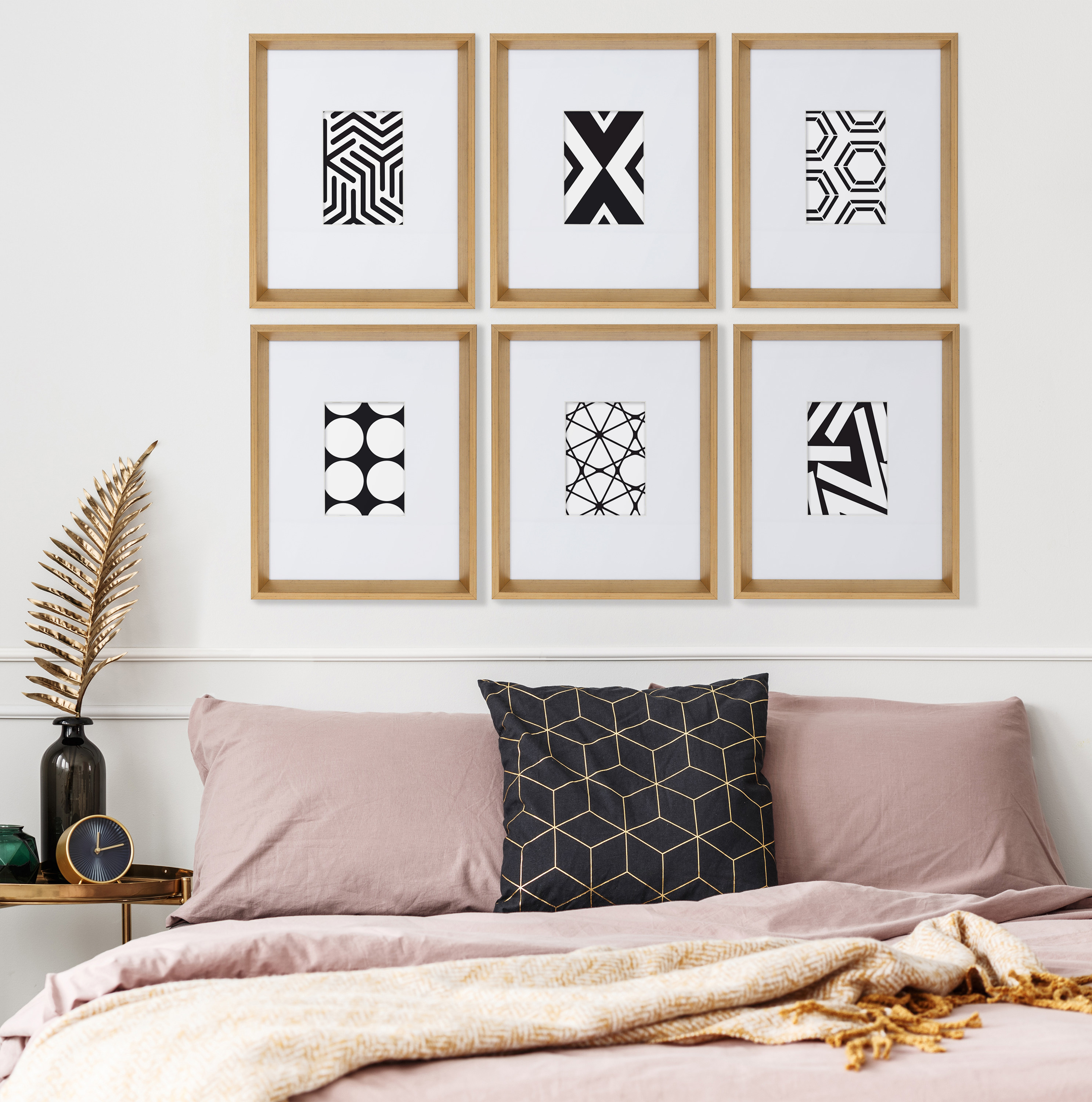 Kate and Laurel Calter 6 Framed Modern Black and White Geometric Abstract Art Prints, Gold