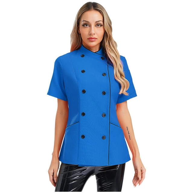 inhzoy Women Short Sleeve Chef Jacket Professional Chef Coat Work Uniform for Hotel Cooking Kitchen Light Blue XL