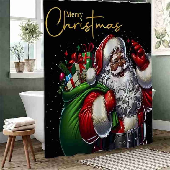 70x70 inch Merry Christmas Santa Claus with Gift Bag Shower Curtain, Waterproof Polyester Fabric with Hooks for Bathroom Decor