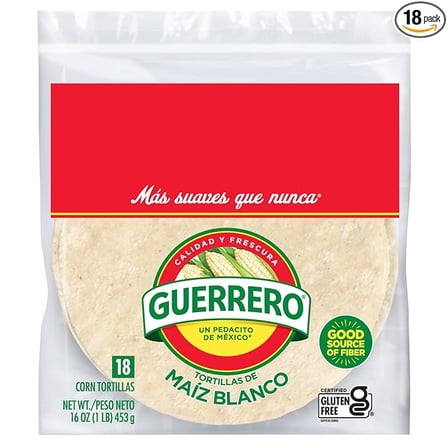 Guerrero White Corn Tortillas, Gluten Free, Trans Fat Free, Small Soft Taco Size, 18 Count( Pack of 2 )