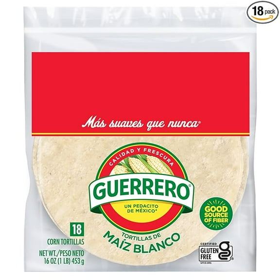 Guerrero White Corn Tortillas, Gluten Free, Trans Fat Free, Small Soft Taco Size, 18 Count( Pack of 2 )
