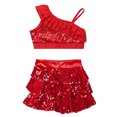 thumbnail image 4 of TiaoBug Kids Girls Gymnastic Dance Outfits Sequins Asymmetrical Shoulder Ruffle Crop Top with Skirted Shorts Set Red 14, 4 of 5