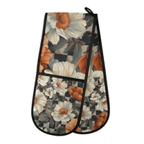 Yayeee Double Oven Mitt Kitchen Heat Resistant Baking 35" x7" Quilted Glove, Gray Floral Pattern