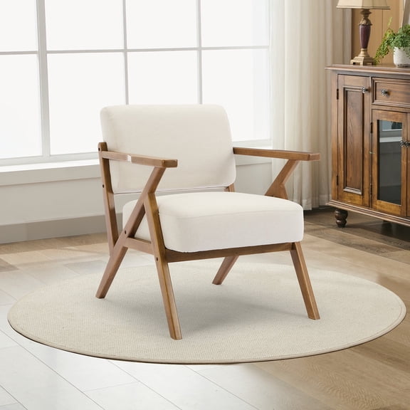 JURANYAZHU Mid-Century Modern Accent Chair Solid Wood Frame Armchair Comfortable Reading Chair Linen Fabric for Bedroom, Living Room, and Study Room,White