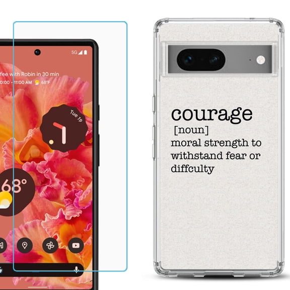 Slim-Fit Gel TPU Phone Case for Google Pixel 7, with Tempered Glass Screen Protector, by OneToughShield ® - Dictionary/Courage
