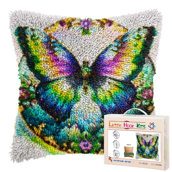 Shining Colorful Butterfly DIY Latch Hook Pillow Kits for Adults Printed Pillowcase Crochet Yarns Hooking Handmade Pillow Cover Cushion for Home Sofa Decoration 17x17inch(3)