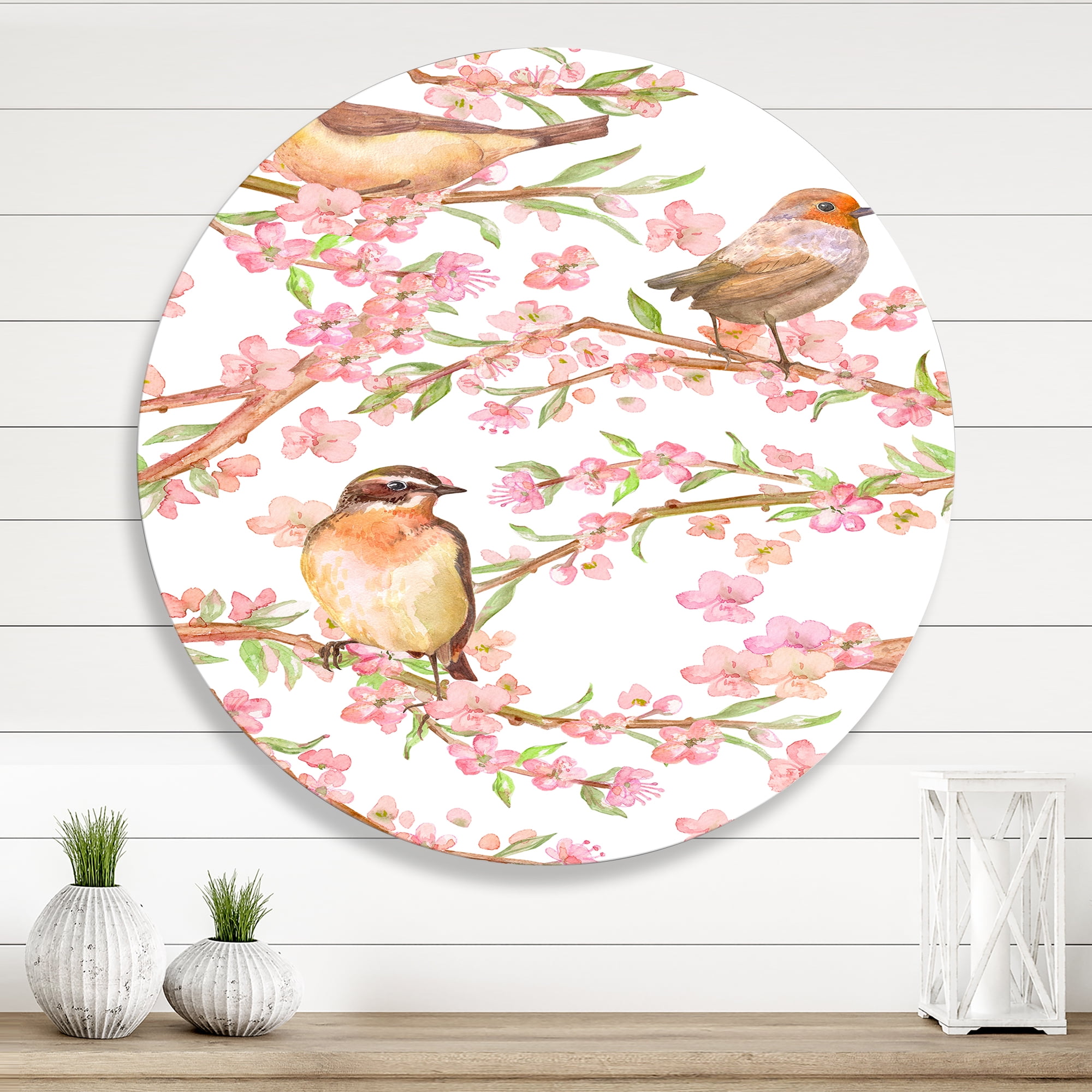 Designart 'Lovely Birds On Branches Of Flowering Almond' Traditional Circle Metal Wall Art 23x23 - Disc of 23