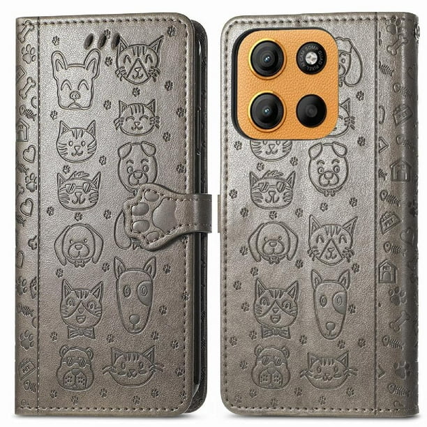 Funda Cartera FOXDOCK para Motorola Moto G15 , Flip PU con Relieve de Gatos y Perros, Tarjetero y Soporte