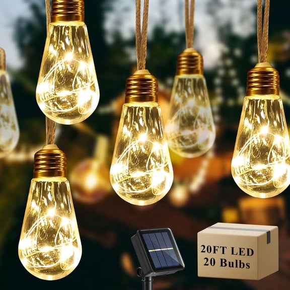 DAYBETTER Solar Outdoor String Lights Warm White, 20ft 20 Bulbs Shatterproof Vintage Hemp Rope, 8 lighting Modes, Solar String Lights for Fence, Yard, Camping Decor