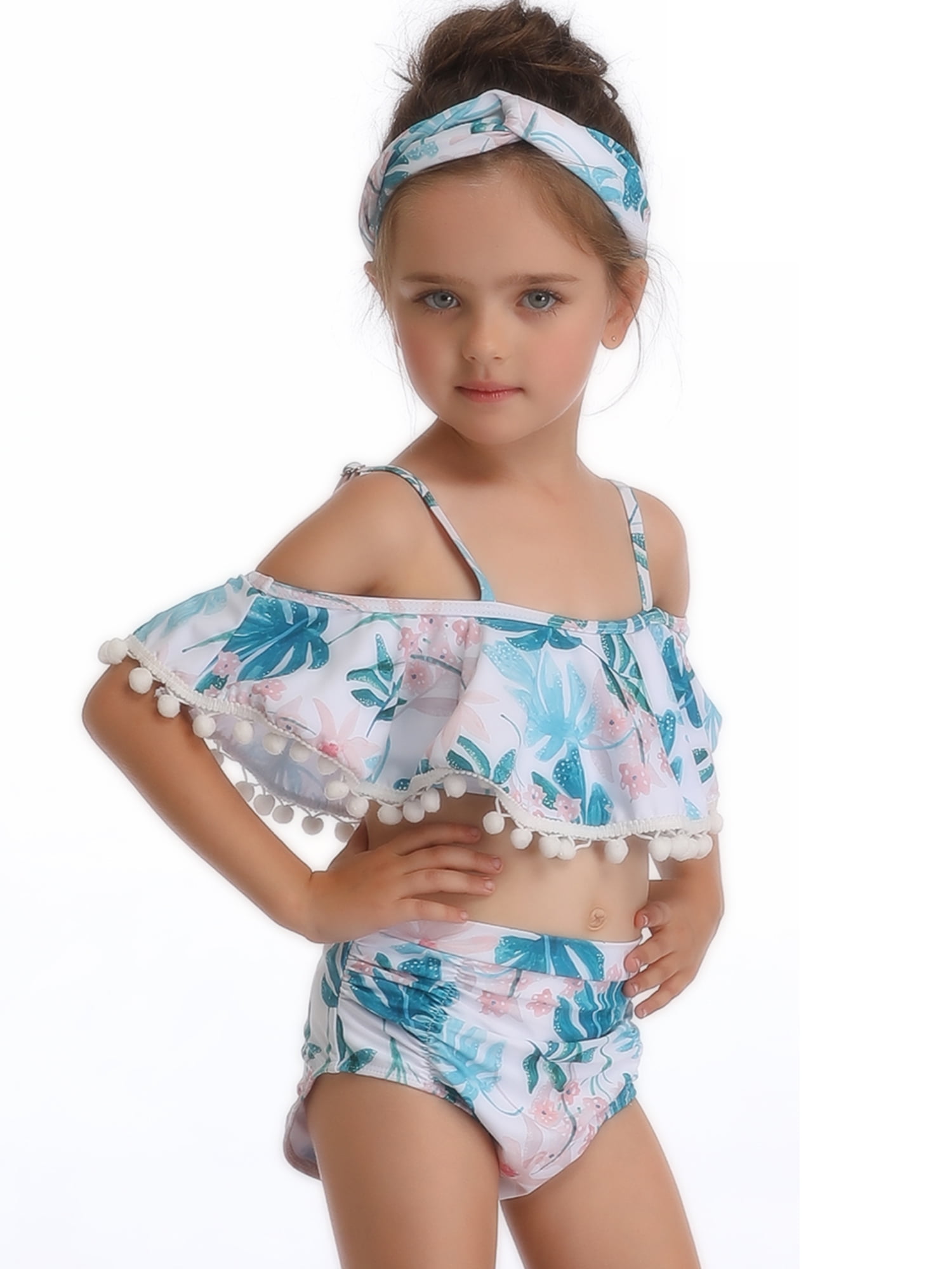 Kids Baby Girls Floral Bikini Suit Swimsuit Swimwear Bathing Swimming Clothes Children Tassle Ruffle Purple