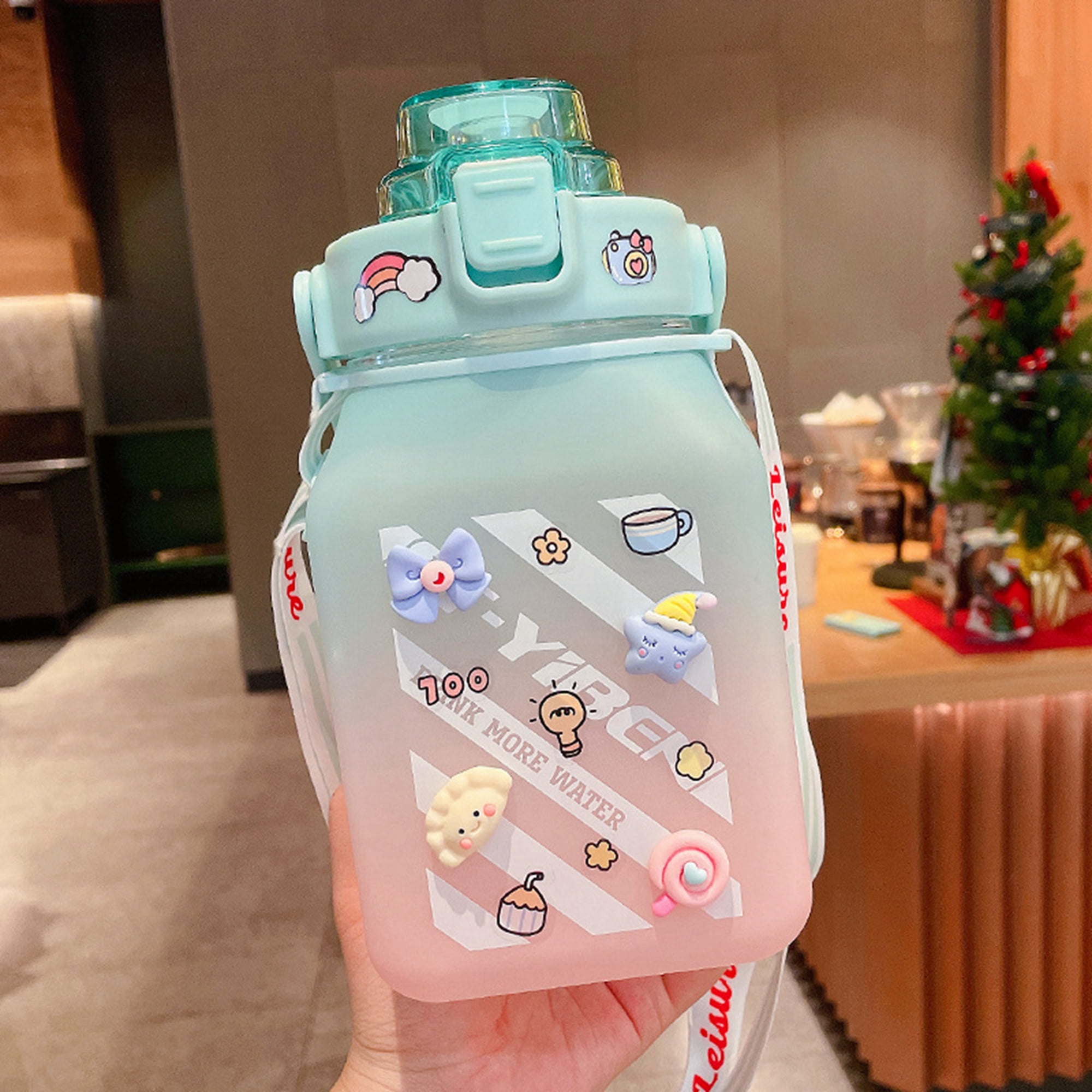PEXIZUAN Kawaii water bottle big belly cup big water bottle cute travel cup  strap straw cup(White,1300ML)