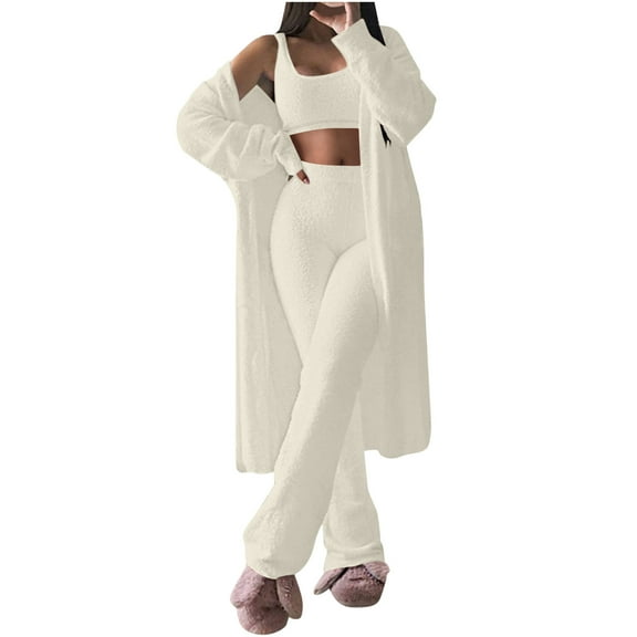 Women’s Fuzzy Three Piece Sweatsuit Open Front Cardigan Crop Tank Top and Wide Leg Pants Ultra Soft Matching Lounge Set for Cozy Fall and Winter Relaxation