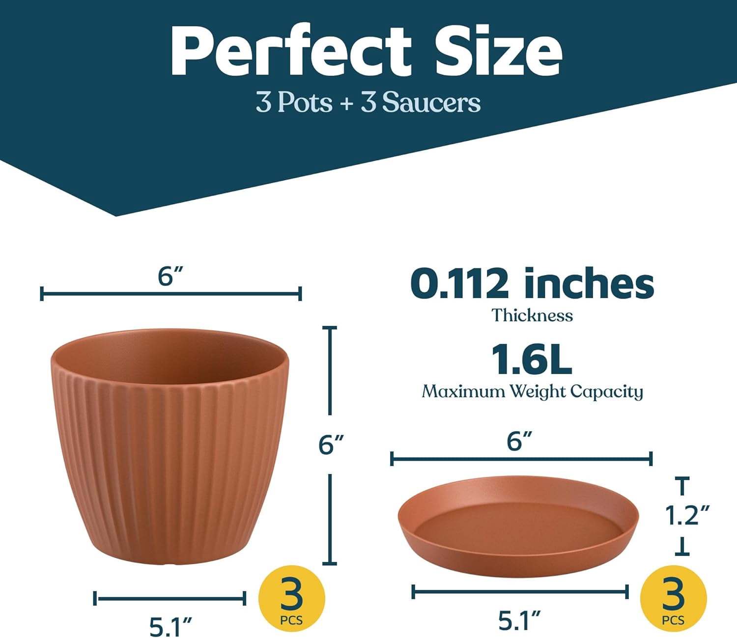 Terracotta 6-Inch Plant Pots with Drainage & Saucers 3 Pack, Indoor & Outdoor Planters for Houseplants, Herbs, and Flowers, Durable & Weatherproof Material, Stackable, Lightweight, Minimalist Design