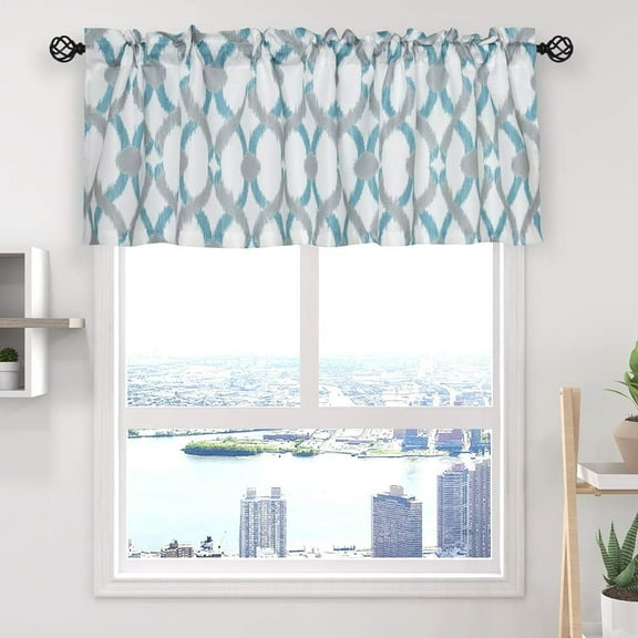 Kitchen Curtain Valance 54" x 15" Multicolor Geometric Window Valances for Kitchen and Bathroom, Rod Pocket, Teal/Gray