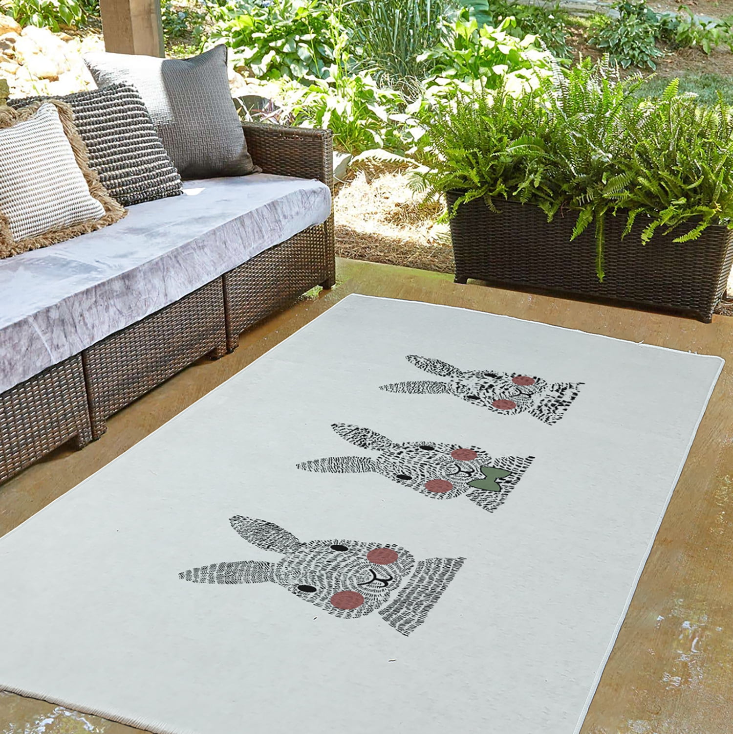 Simply Daisy 3' x 5' Laurel Tree Green Bunny Triplets Easter Chenille Indoor/Outdoor Rug