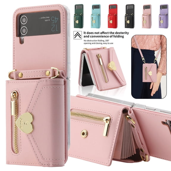 For Samsung Galaxy Z Flip 4 5G Leather Wallet Card Holder Case with Crossbody Strap Cover
