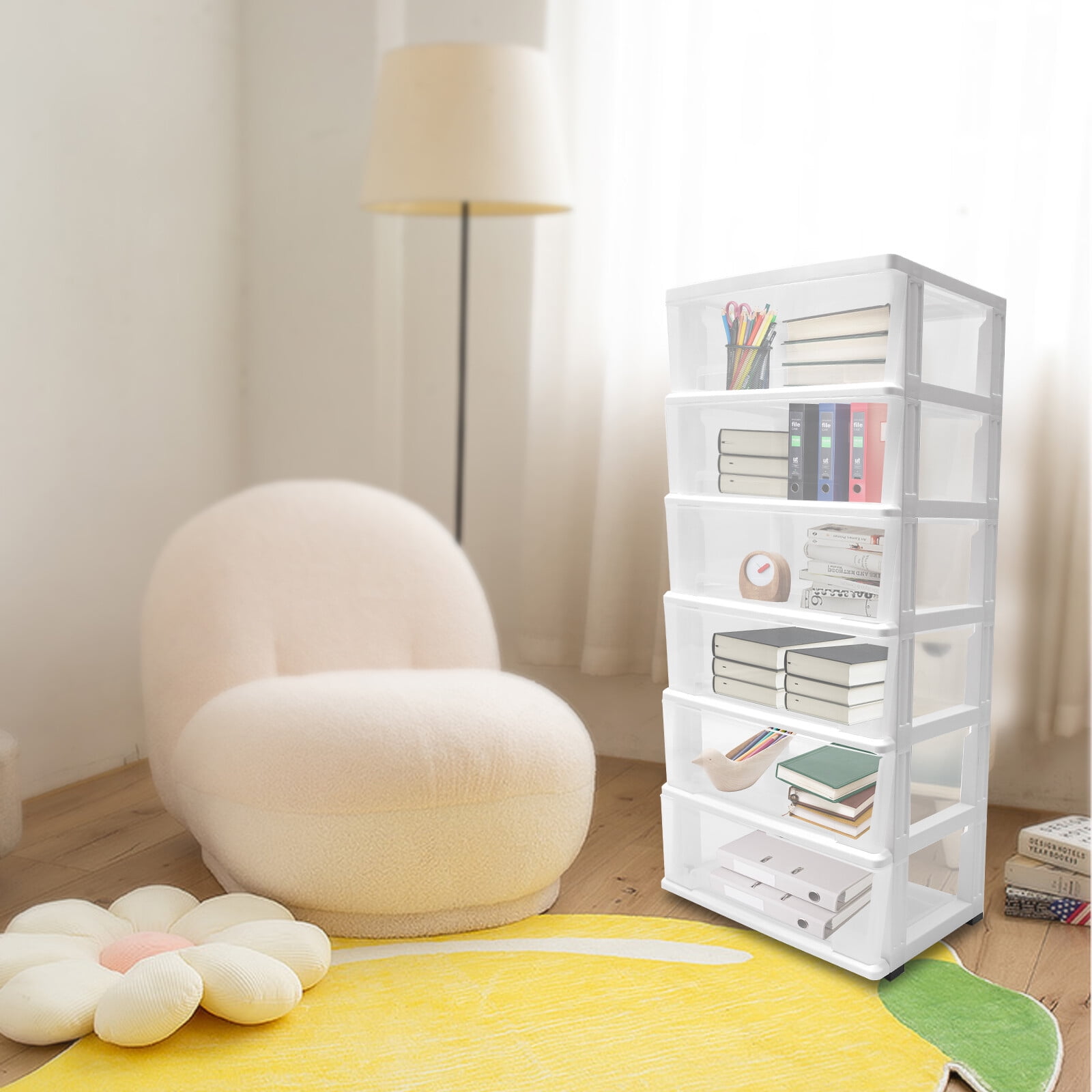 6 Drawer Rolling Storage Cart, Slim Plastic Utility Cart on Wheels, Multi-Functional Clear Drawer Organizer Unit for Home Office, Living Room, Bedroom, White