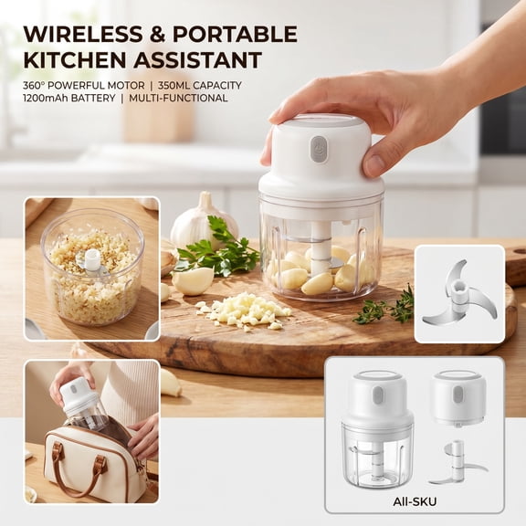 Portable Kitchen Blender, Mini Chopper Processor, Small Processor, Meat Chopper, 5X4.5 Inch Automatic Cordless Chopper with Sharp Stainless Steel Blades for Garlic Crushing,