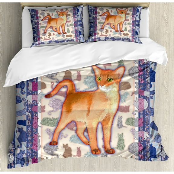 Animal Duvet Cover Set Queen Size, Cats Themed Artistic Framework Details Floral Ornaments and Tribal Stripes Pattern, Decorative 3 Piece Bedding Set with 2 Pillow Shams, Multicolor, by Ambesonne