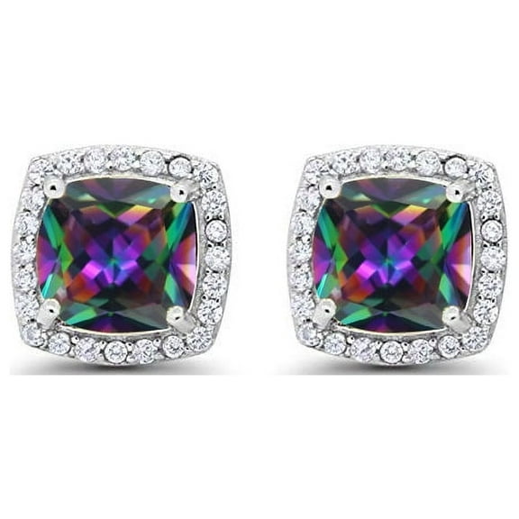18k White Gold 2 Ct Created Halo Princess Cut Mystic Topaz Stud Earrings Plated by Paris Jewelry