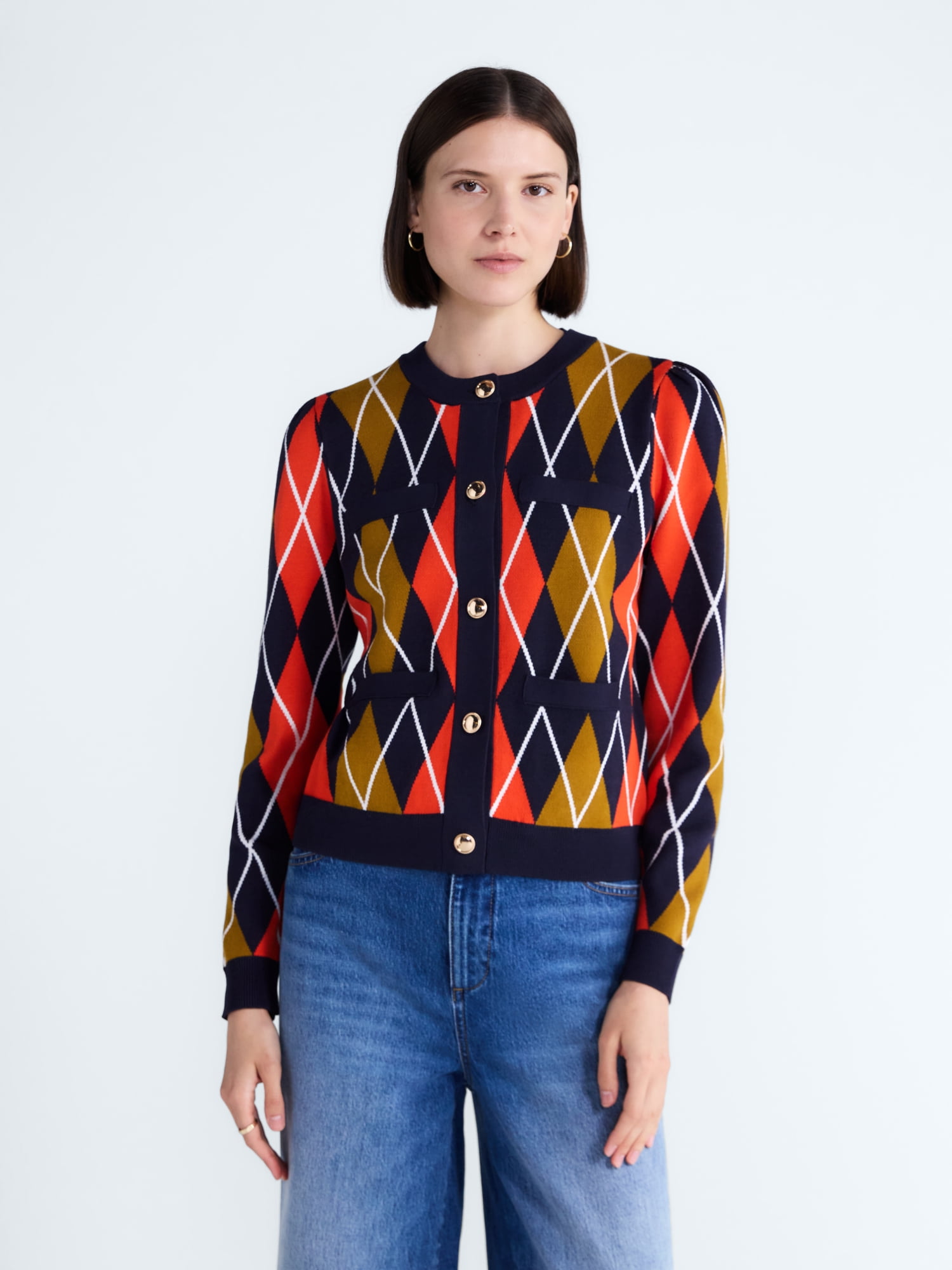 Free Assembly Women's and Women's Plus Argyle Cardigan Sweater with Puff Sleeves, Midweight, Sizes XS-4X