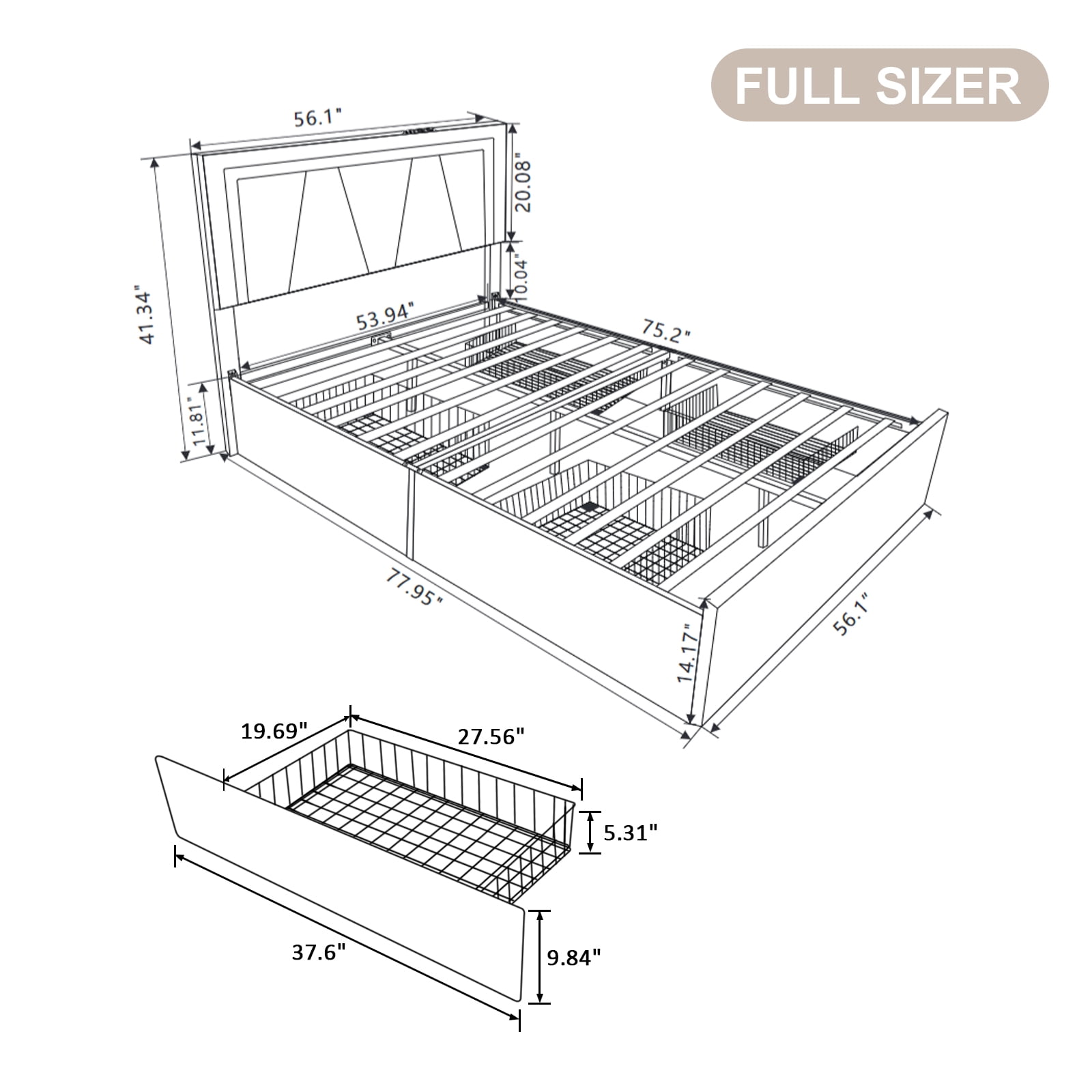 Kallabe  LED Leather Bed Frame Full, Upholstered Platform Bed with USB Ports, APP Control, White