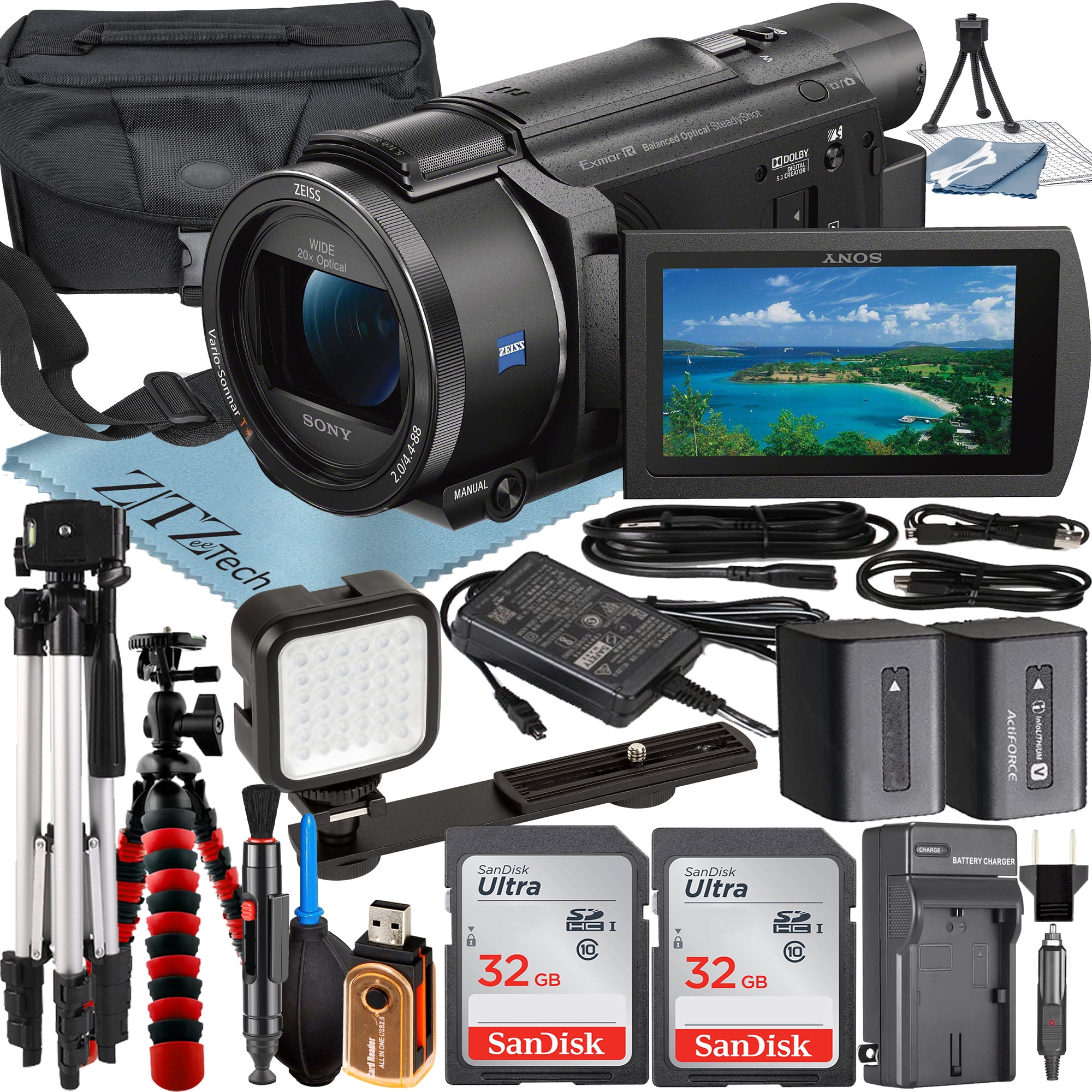 Sony FDR-AX53 4K Ultra HD Handycam Camcorder with 2 Pack 32GB SanDisk  Memory Card + LED Light Flash + Case + Tripod + ZeeTech Accessory Bundle