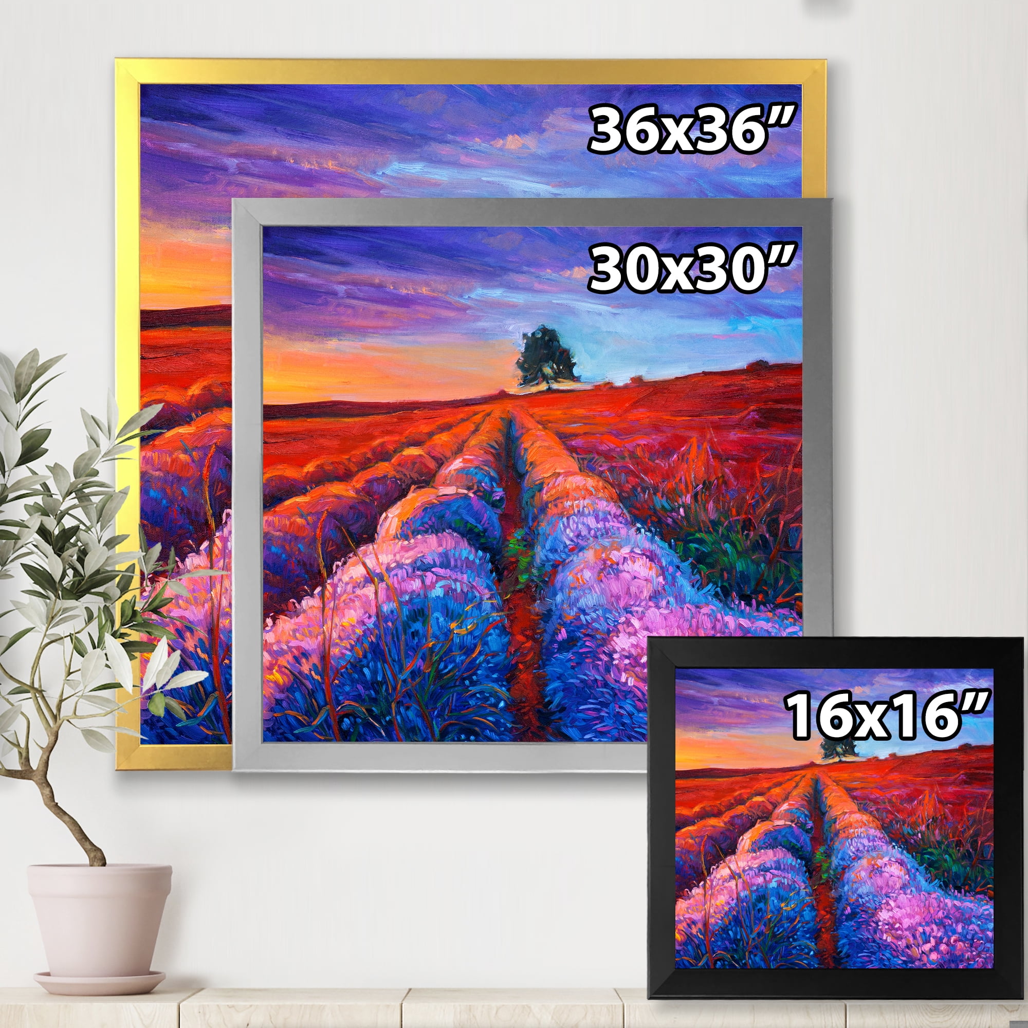 Designart 'Lavender Fields With Distant Tree & Sunset Glow' Farmhouse Framed Art Print