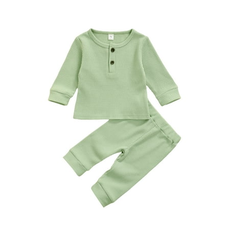 

Calsunbaby Kids Baby Girls Boys Solid Color Long Sleeve Button Tops Pants Outfits Set Light Green 12-18 Months