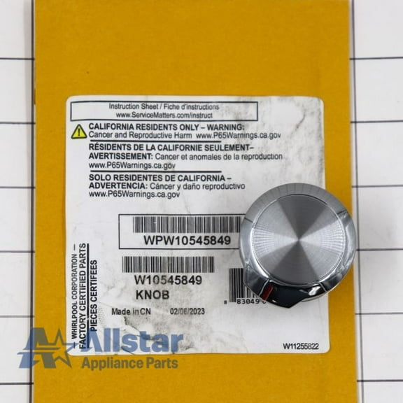 Whirlpool WPW10545849 OEM Range Top Burner Knob, Stainless Steel