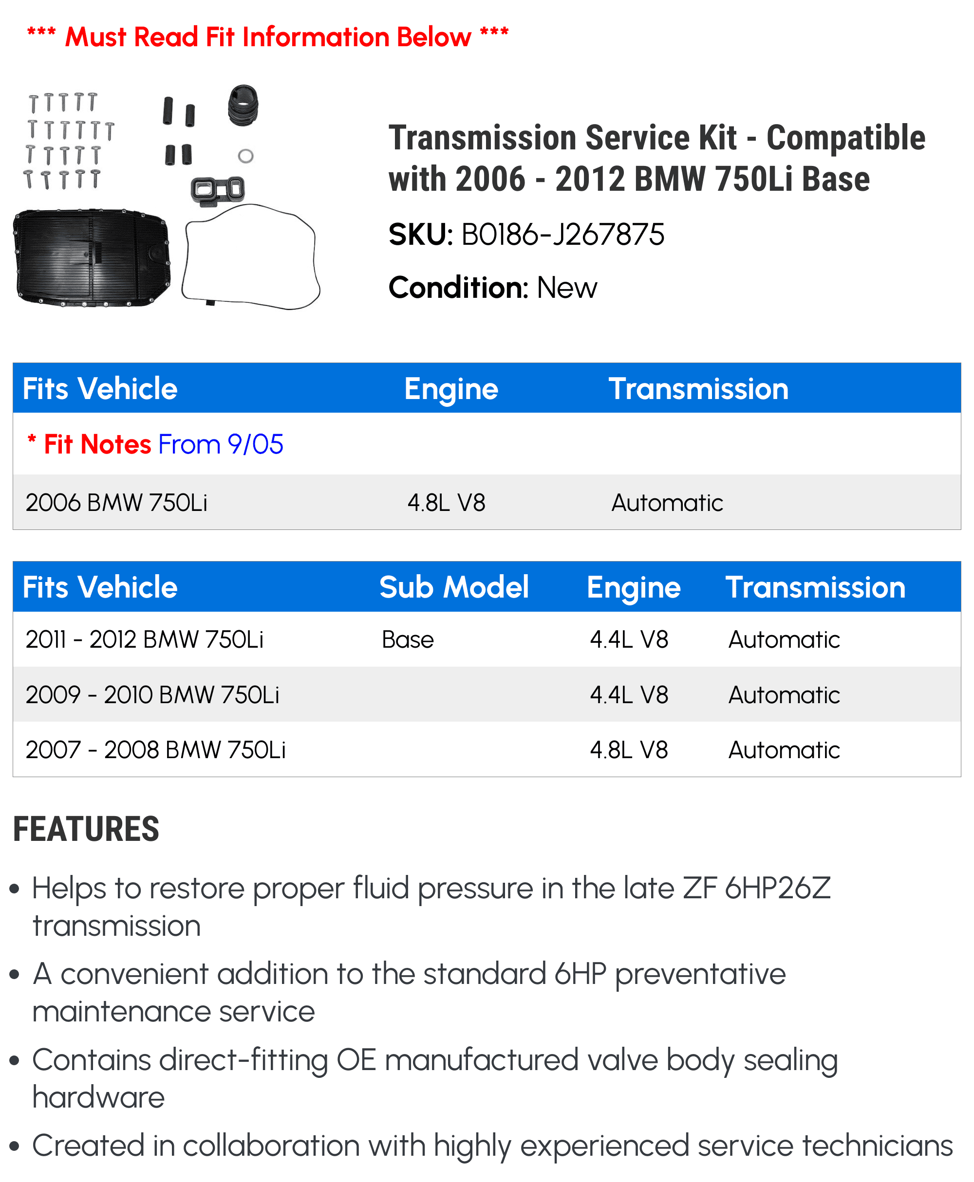 Transmission Service Kit - Compatible with 2006 - 2012 BMW 750Li Base 2007 2008 2009 2010 2011