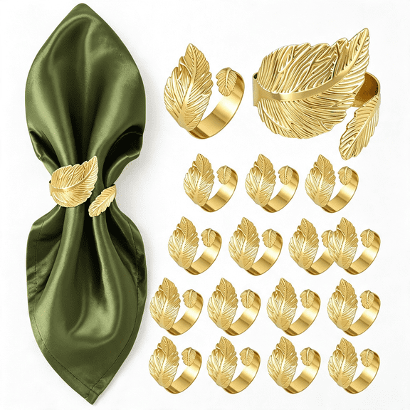 NORIZF Napkin Rings Set of 12, Shiny Gold Napkin Rings, Smooth, Easy Care, Solid Metal Laurel Leaf Shaped Elegant Table Decor, Stylish Napkin Ring Bulk for Holidays Wedding, Party, New Homes Gift