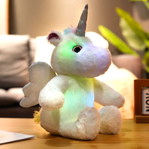 Juguetes de peluche de unicornio con luz LED brillante, almohada de Animal de unicornio sentado luminoso, muñeca de peluche Kawaii para niños, regalos de Navidad, 25CM
