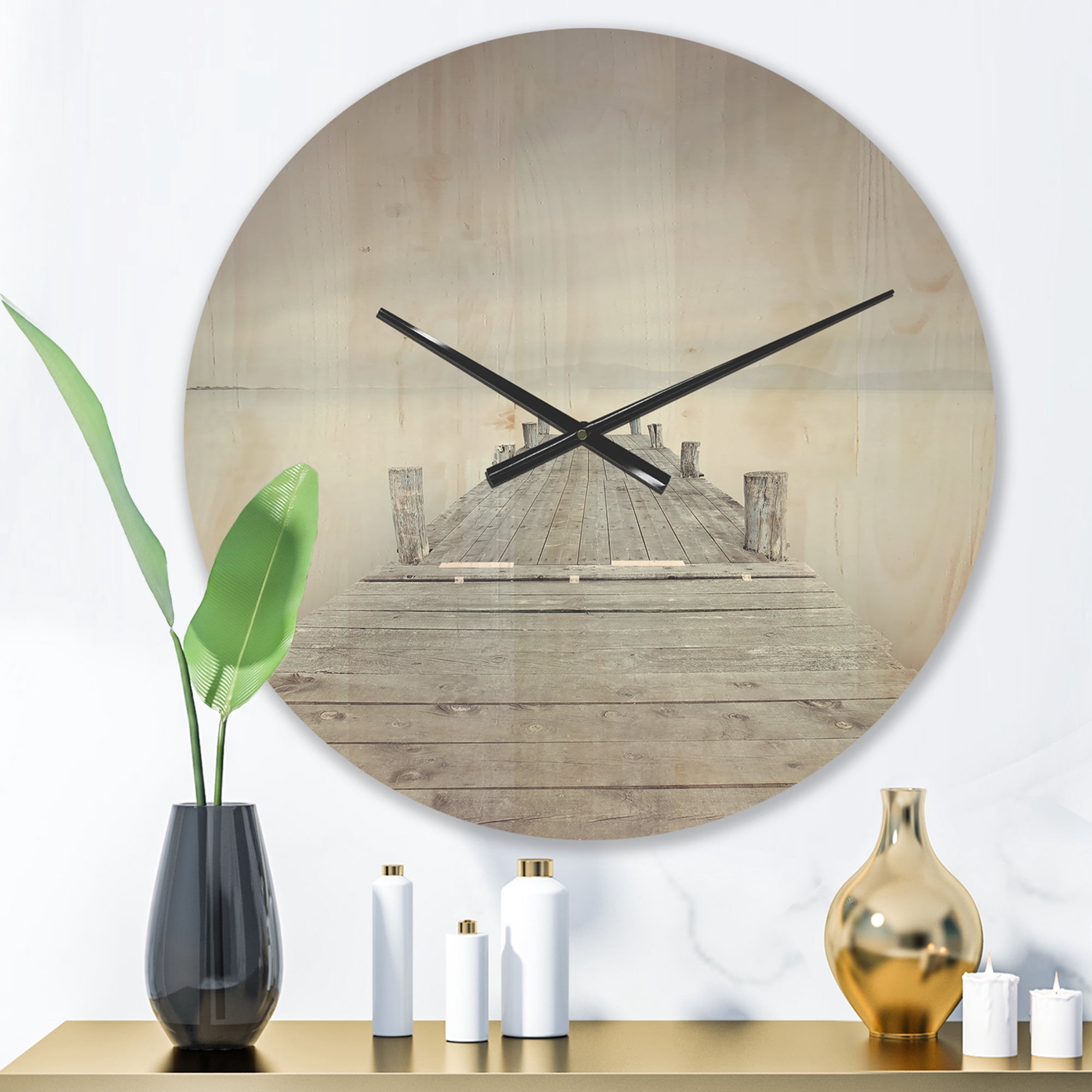 Designart 'Wooden Pier On Lake in Cloudy Mood ' Modern Wood Wall Clock