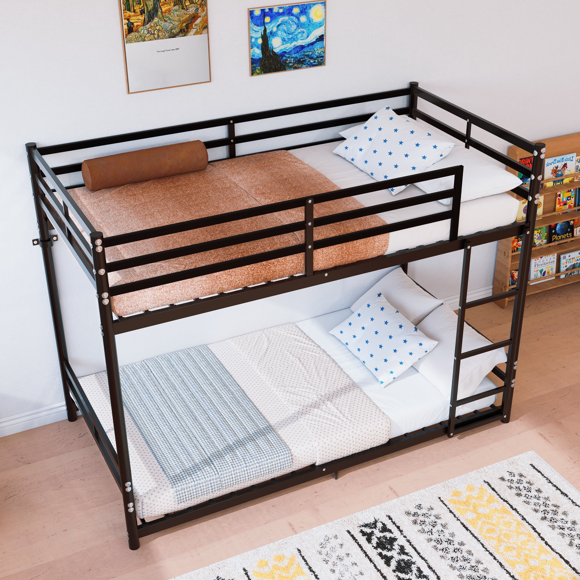 Twin Over Twin Metal Bunk Bed with High Guardrail & Ladder, Noise Free with Storage Space