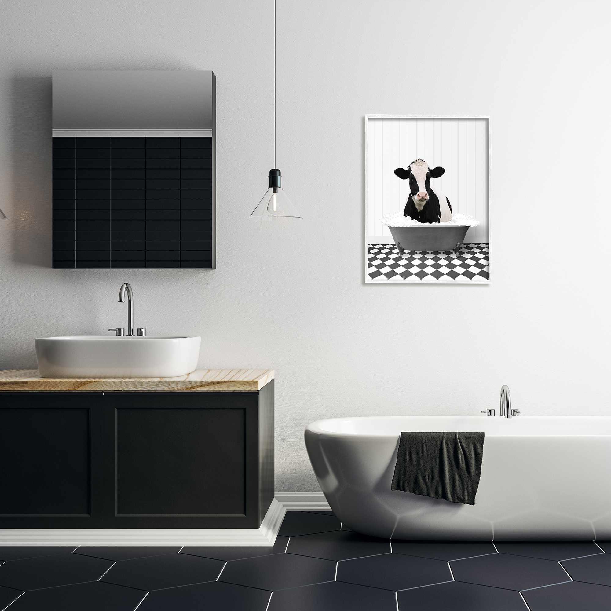 Stupell Industries Farmhouse Bathroom Cow Animals & Insects Painting White Framed Art Print Wall Art, 24 x 30