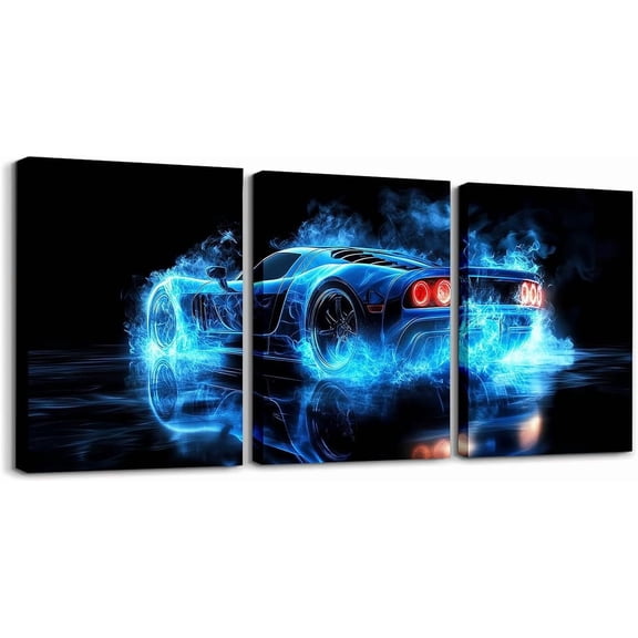 Modern Race Car Wall Art Lightning Wolf Animal Canvas Wall Art Set of 3 for Kids Boys Teen Watercolor 3D Cool Racing Car Poster Prints Rainbow Extreme Sports Decor,12x16