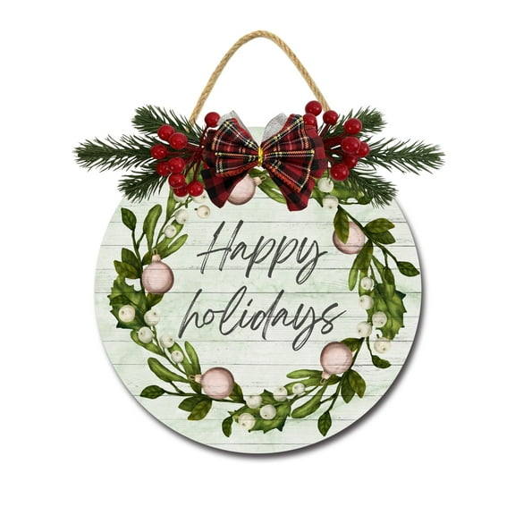 Happy Holidays Sign Front for Door Decoration, 12 in Round Wood Wreaths Wall Hanging Outdoor, Farmhouse, Porch, for Spring Summer Fall All Seasons Holiday Christmas