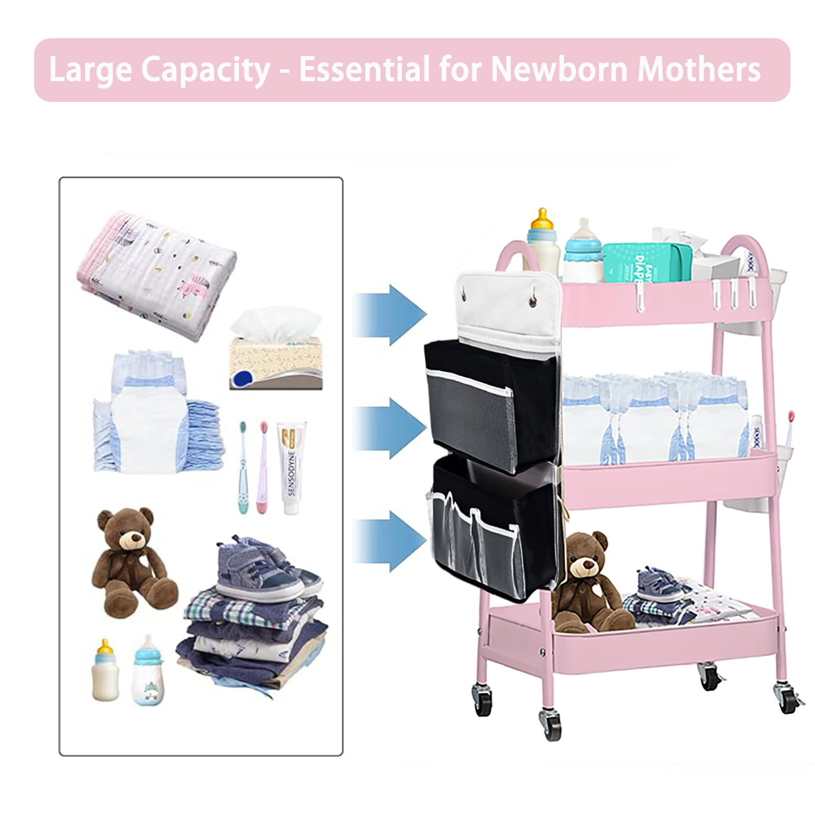 Baby Diaper Caddy Organizer Cart Metal rolling cart,3 Tier Rolling Storage Cart with Wheels,Baby Essentials for Diapers and Baby Wipes Newborn Essentials Storage Cart (Pink)