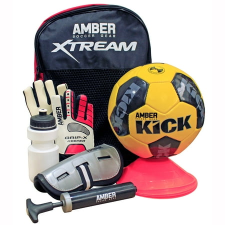 Soccer Post Sporting Goods - Amber Sporting Goods Kids Soccer Trainer Set (7 Piece) – Set Includes Size 5 soccer ball, Marker Discs, Shin Guards, Water Bottle, Goalie Gloves, ball pump all packaged in a handy backpack. Great Gift