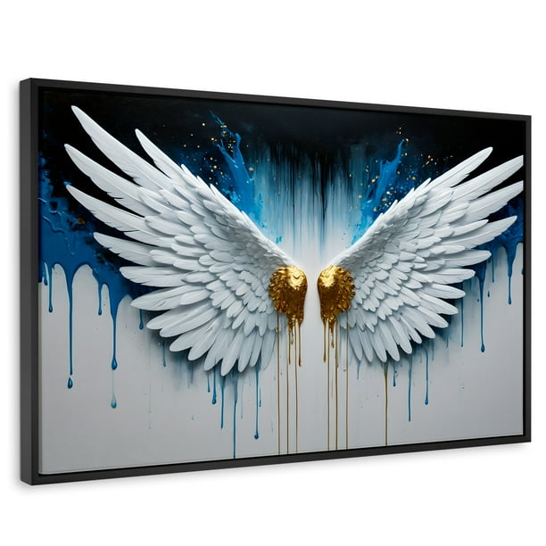 Cuadro Decorativo Canvas Revolution Marco Flotante Alas Corazón Dorado 90x60 Marco Negro