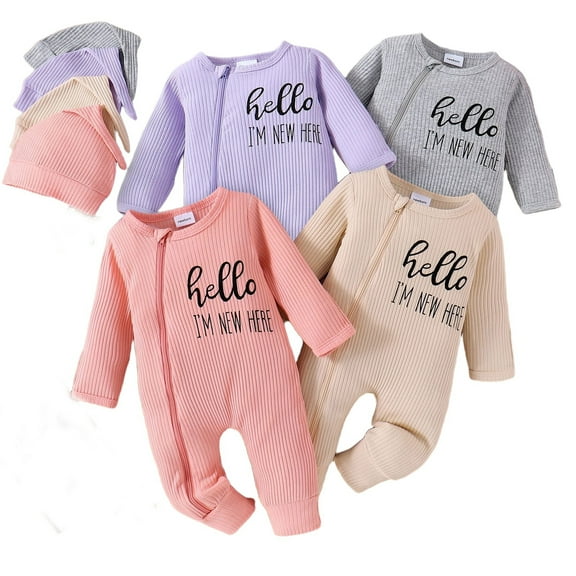 Bellafa Baby Boy Girl Long Sleeve Ribbed Romper with Mittens Cuffts Newnorn Boy Zipper Footie Jumpsuit   Hat 2PCS Fall Winter Clothes